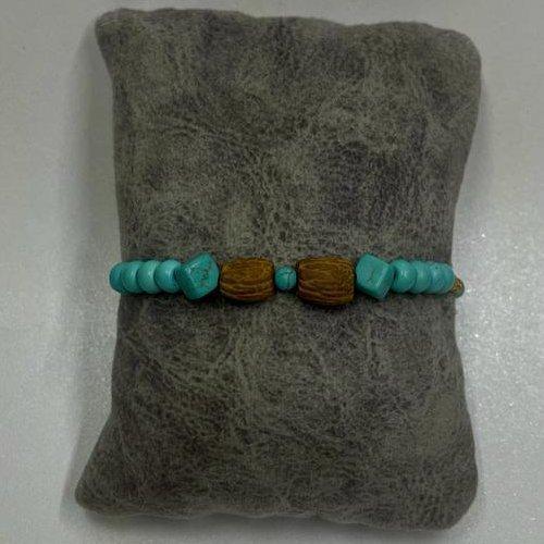 دستبند مدل آسانسوری با مهره های آبی رنگ طرح فیروزه و هسته زیتون و خرج کاربرنجی